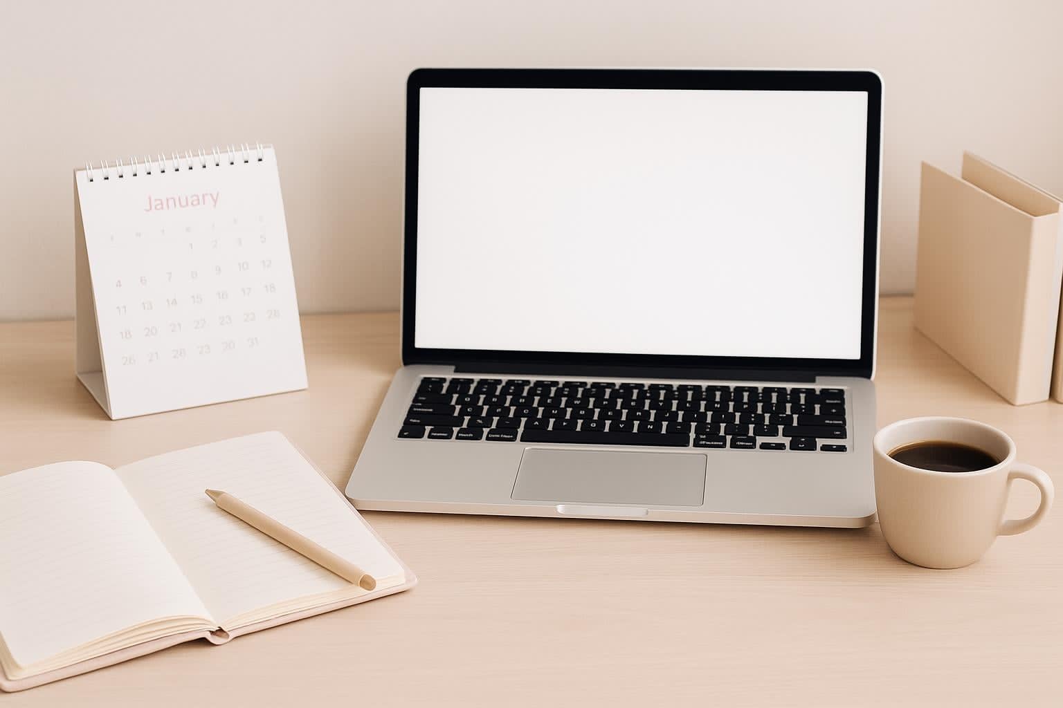 Bureau organisé avec calendrier, agenda et café